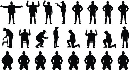Male silhouette pose set showing standing sitting kneeling surrender gestures isolated on white background human action vector illustration