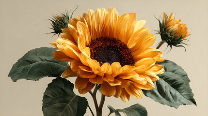 Isolated sunflower with full bloom and buds on stem with green leaves against beige background for decoration and floral arrangements