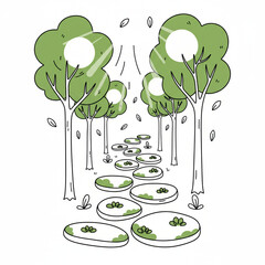 Discovering a peaceful forest trail with sunlit trees and stepping stones