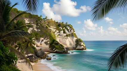 Serene tropical beach with lush cliffside and palm trees