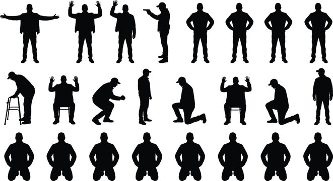 Male silhouette pose set showing standing sitting kneeling surrender gestures isolated on white background human action vector illustration
