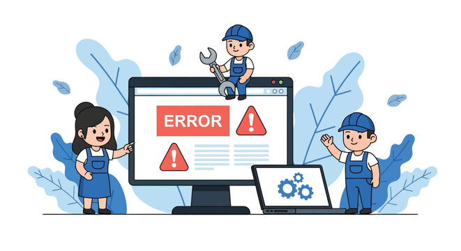 Illustration of three cartoon workers standing around a computer monitor displaying an error message with a laptop nearby on a white background.