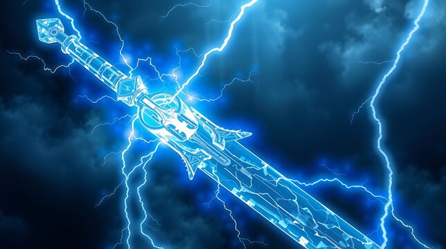 A fantasy ice sword with thunder and lighting designs in a dark blue background