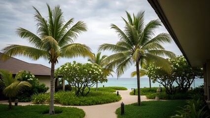 Fototapeta premium Tropical beachside resort with palm trees and winding path