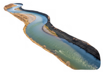 Abstract flowing shape with earth tones and blue hues against a dark void isolated on transparent background