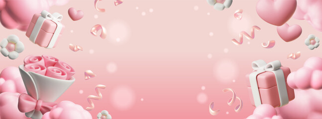 3D banner with a pink background, a bouquet of flowers, a heart, clouds, a gift box, and confetti.