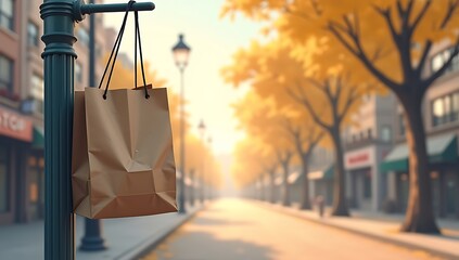 Conceptual illustration of a paper shopping bag hanging from a street sign in a quiet urban street, symbolizing consumer culture and city lifestyle, clean daylight style, minimal composition, no text