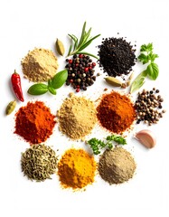 Vibrant Assortment of Spices and Herbs on White Background, Culinary Ingredients