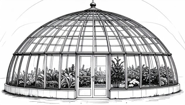 Detailed illustration of a greenhouse with plants inside, black and white.