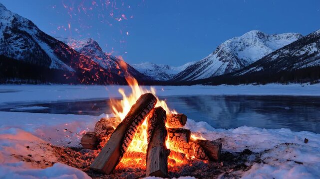 Serene winter landscape with a crackling campfire by the snow-covered lake