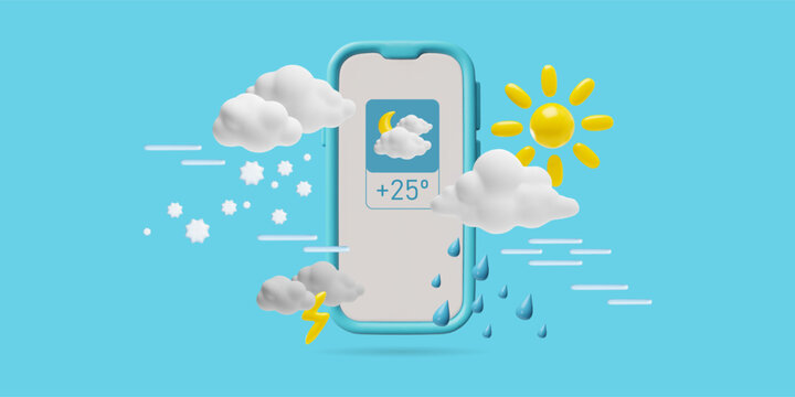 Weather forecast widget with various conditions on smartphone screen 3D design, web or mobile app UI meteorology icons