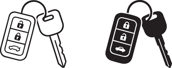 Car lock and key isolated icon set silhouette vector for security, automotive apps, web.