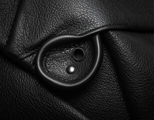 Macro shot of black, textured leather with metal loop and rivets