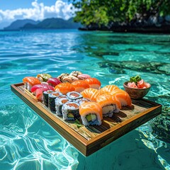 Sushi arrangement on a tray floating in tropical turquoise water