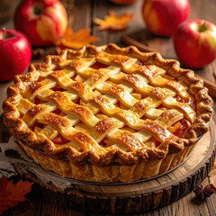 Baked apple pie with lattice crust, on wooden surface surrounded by apples