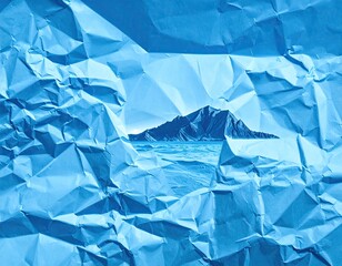 A mountain scene peeks through a wrinkled, blue paper frame
