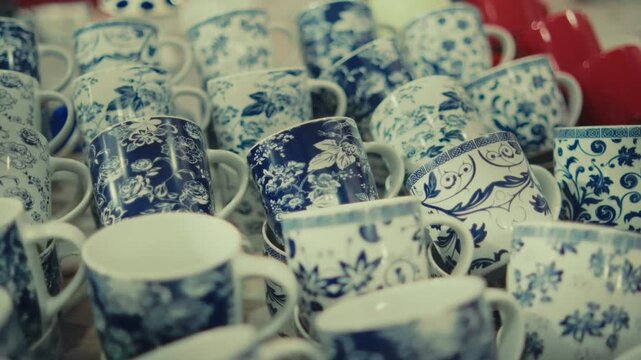 Zoom in shot on blue and white patterned ceramic cups arranged together, highlighting decorative design and household objects.