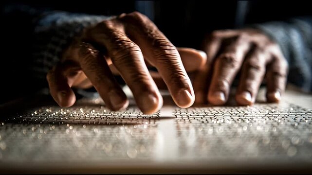 Close-up of hands reading Braille in a dimly lit room with a shallow depth of field and warm tones.