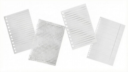 a collection of four crumpled and pristine lined papers, some torn at the edges, scattered and isolated against a bright white background, perfect for creative projects or notes.