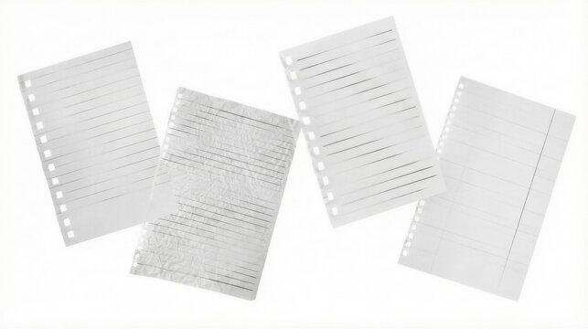 a collection of four crumpled and pristine lined papers, some torn at the edges, scattered and isolated against a bright white background, perfect for creative projects or notes.