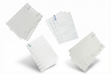 scattered loose-leaf paper pages with paper clips, isolated on a white background, conveying a sense of disorganization or creative flow.