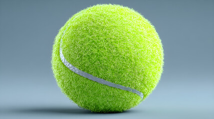 A highly detailed close up of a fuzzy bright green tennis ball with a white seam on a soft blue background, perfect for sports equipment and leisure activities