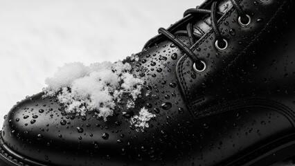 Side view of lace up black leather boot with water beads and snow patch