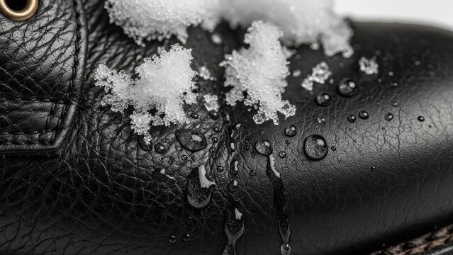 Water beads resisting on waterproof black leather boot surface close up