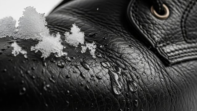 Water beads resisting on waterproof black leather boot surface close up