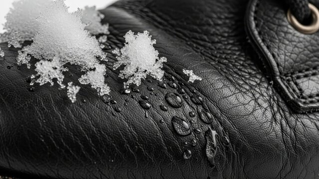 Water beads resisting on waterproof black leather boot surface close up