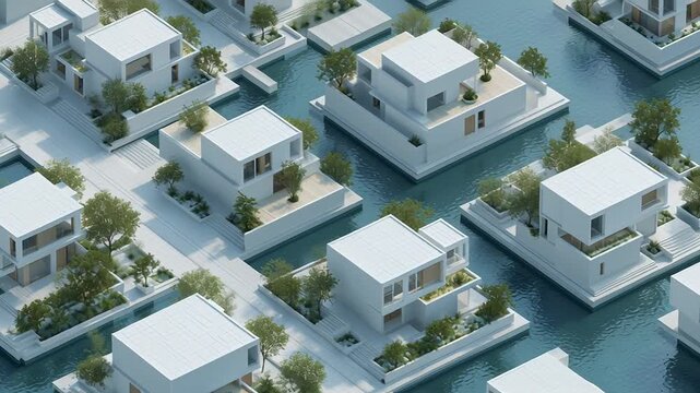 Sustainable residential development concept, organized housing layout emphasizing environmental balance, clean modern editorial aesthetic, sustainable housing market trend