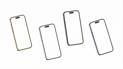a modern trio of smartphones with blank screens, showcased in metallic gold, silver, and black finishes, floating gently in a clean, minimalist white space, ready for design integration.