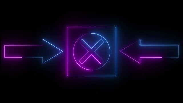 Cross with two arrows icon animation glowing neon violet and blue color wrong no cancel circle rectangle round rotation information direction signal sign symbol on black background. 4k animation .