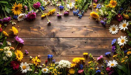 Vibrant Wildflowers Arranged on Rustic Wooden Background