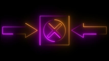 Cross with two arrows icon animation glowing neon violet and orange color wrong no cancel circle rectangle round rotation information direction signal sign symbol on black background. 4k animation .
