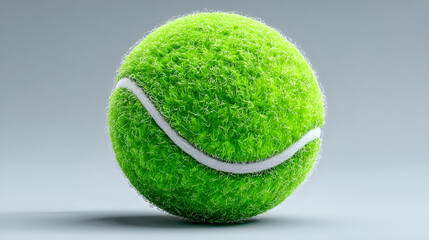 A highly detailed isolated tennis ball with realistic texture and vibrant green color on a clean gray background for sports and leisure concepts