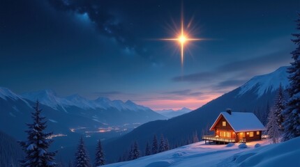 Serene mountain cabin under starlit sky