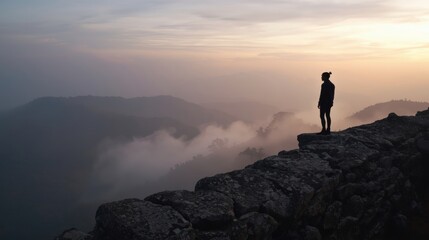 Silhouette overlooking misty valley
