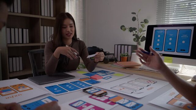 Young Asian business people brainstorming and sharing ideas for a new mobile application, focusing on user interface design and experience