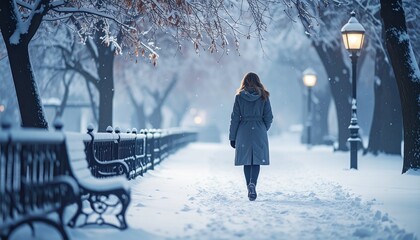 Woman Walking Alone Through Snowy Park Winter Evening