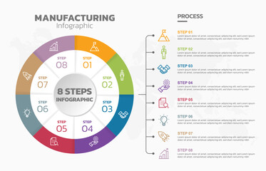 Visual data presentation. Cycle diagram with 8 options. Pie Chart Circle infographic template with 8 steps, options, parts, segments. Business concept. Marketing infographic vector illustration.