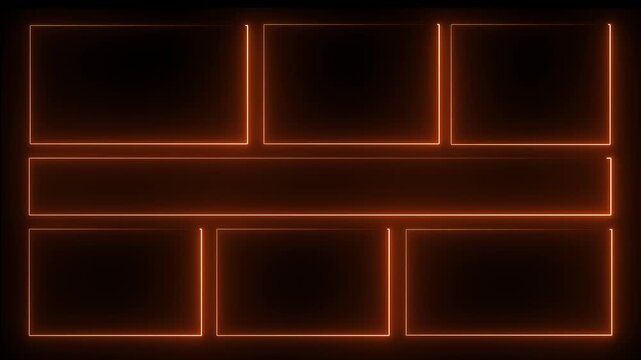 Square neon rectangle picture frame icon animation glowing neon light orange color display neon box rotation footage shape round seamless border retro movement on black background. 4k animation.