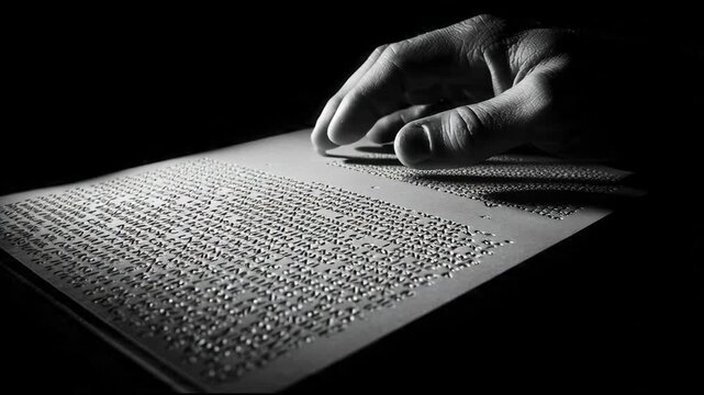 Close-up of a hand wiping Braille text on a tactile book page in black and white with dramatic lighting.