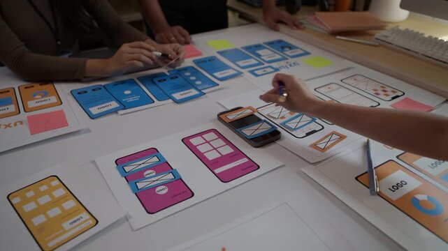 Creative team of developers collaborating on a user interface project, planning and prototyping a new smartphone app in a workshop