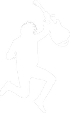 Energetic rock star guitarist silhouette jumping with electric guitar above his head monochrome outline vector