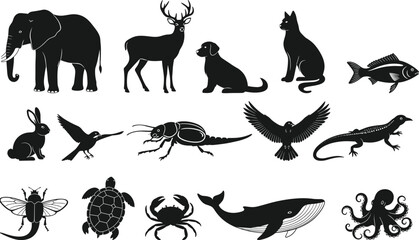 Animal silhouette vector, wildlife icon set, biodiversity illustration, forest and marine species, educational animal graphic, nature themed design, flavector