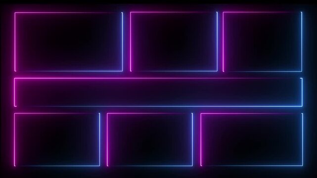Square neon rectangle picture frame icon animation glowing neon light violet and blue color display neon box rotation footage shape round seamless border retro movement on black background. 4k 