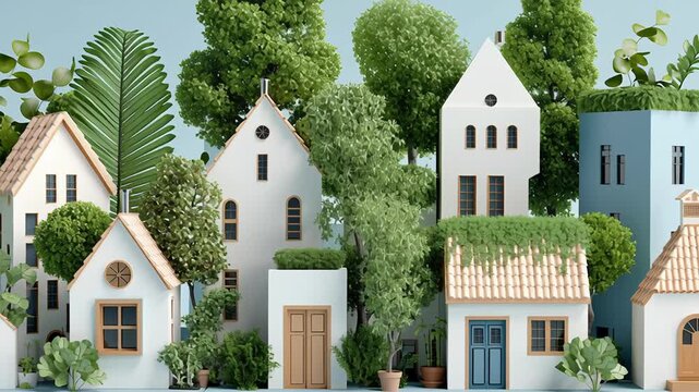 A row of houses with trees in front of them. The houses are small and white. Sustainable affordable housing market concept, simple homes integrated with greenery and open areas, modern commercial tone