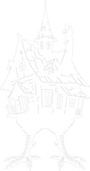 Obraz premium Baba Yaga Hut on Chicken Legs Outline Vector Drawing Fantasy Fairy Tale House Illustration