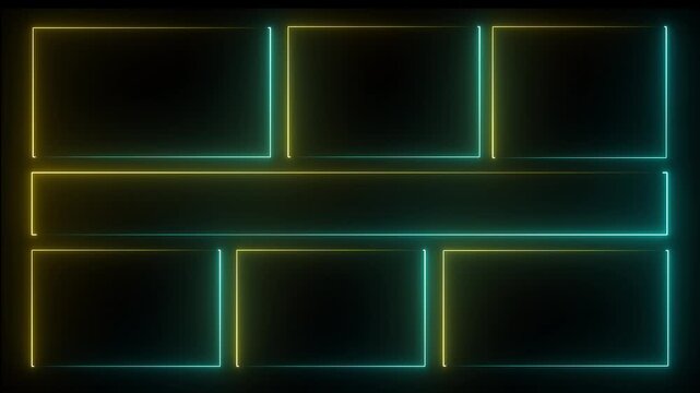 Square neon rectangle picture frame icon animation glowing neon light yellow and navy blue color display neon box rotation footage shape round seamless border retro movement on black background. 4k 